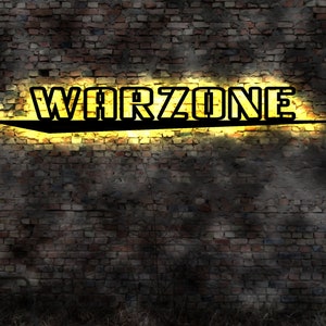 May include: A brick wall with a neon sign that reads "WARZONE" in black letters with a yellow glow.