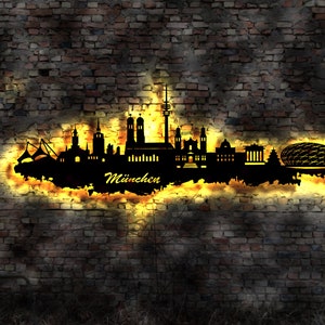 Skyline München LED Wandbild   Holz Stadt AK Karte Map Stadtplan Wandsticker Leuchtbild Neonreklame Wandtattoo Reiseführer Silhouette