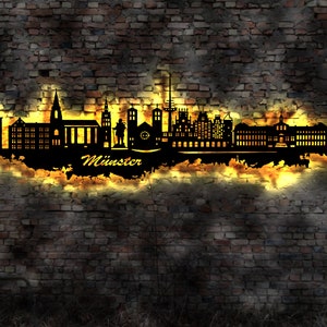 Skyline Münster LED Wandbild   Holz Stadt AK Karte Map Stadtplan Wandsticker Leuchtbild Neonreklame Wandtattoo Reiseführer Silhouette