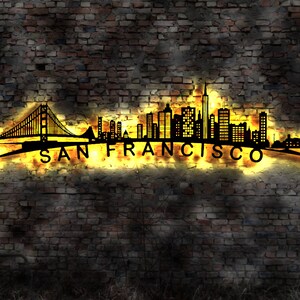 Skyline San Francisco LED Wandbild Holz Stadt AK Karte Map Stadtplan Wandsticker Leuchtbild Neonreklame Wandtattoo Reiseführer Silhouette