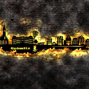 Skyline Grömitz LED Wandbild Holz Stadt AK Karte Map Stadtplan Wandsticker Leuchtbild Neonreklame Wandtattoo Reiseführer Silhouette