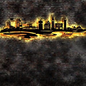 Skyline Juist Insel  Urlaub  LED Wandbild Holz Stadt AK Karte Map Wandsticker Leuchtbild Neonreklame Wandtattoo Reiseführer Silhouette
