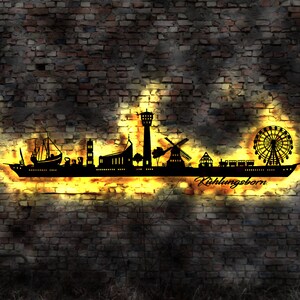 Skyline Ostseebad Kühlungsborn  LED Wandbild Holz Stadt AK Karte Map Wandsticker Leuchtbild Neonreklame Wandtattoo Reiseführer Silhouette