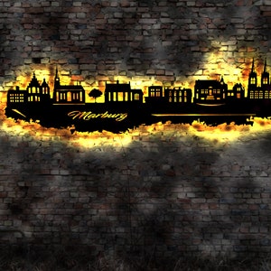Skyline Marburg LED Wandbild Holz Stadt AK Karte Map Stadtplan Wandsticker Leuchtbild Neonreklame Wandtattoo Reiseführer Silhouette