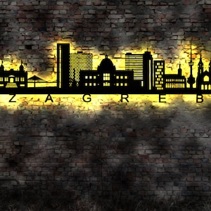 Skyline Zagreb Kroatien LED Wandbild Holz Stadt AK Karte Map Stadtplan Wandsticker Leuchtbild Neonreklame Wandtattoo Reiseführer Silhouette