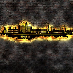 Skyline Oslo Norwegen Hauptstadt  LED Wandbild   Holz Stadt AK Karte Map Stadtplan Wandsticker Leuchtbild Wandtattoo Reiseführer Silhouette