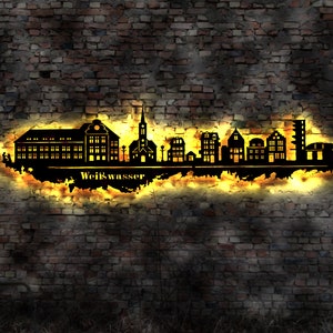 Skyline Stadt Weißwasser Oberlausitz   Wandbild Holz Karte Map Stadtplan Wandsticker Leuchtbild Neonreklame Wandtattoo Aufkleber Silhouette