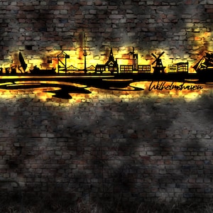 Skyline Wilhelmshaven LED Wandbild Holz Stadt AK Karte Map Stadtplan Wandsticker Leuchtbild Neonreklame Wandtattoo Reiseführer Silhouette