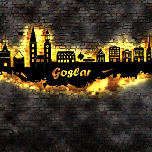 Skyline Goslar LED Wandbild Holz Stadt AK Karte Map Stadtplan Wandsticker Leuchtbild Neonreklame Wandtattoo Reiseführer Silhouette
