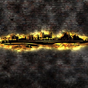 Skyline Insel La Palma LED Wandbild Holz Stadt AK Karte Map Wandsticker Leuchtbild Neonreklame Wandtattoo Reiseführer Silhouette