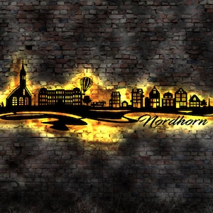 Skyline Nordhorn LED Wandbild   Holz Stadt AK Karte Map Stadtplan Wandsticker Leuchtbild Neonreklame Wandtattoo Reiseführer Silhouette