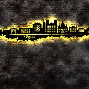 Skyline Nizza Nice  France Frankreich LED Wandbild Holz Stadt AK Karte Map Stadtplan Wandsticker Leuchtbild Neonreklame Wandtattoo