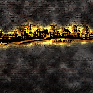 Skyline Paderborn LED Wandbild   Holz Stadt AK Karte Map Stadtplan Wandsticker Leuchtbild Neonreklame Wandtattoo Reiseführer Silhouette