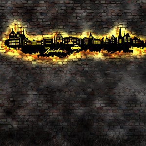 Skyline Zwickau  LED Wandbild Holz Stadt AK Karte Map Stadtplan Wandsticker Leuchtbild Neonreklame Wandtattoo Reiseführer Silhouette