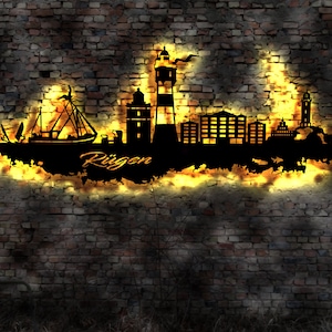Skyline Insel Rügen Ostsee LED Wandbild Holz Stadt  Karte Map Stadtplan Wandsticker Leuchtbild Neonreklame Wandtattoo Reiseführer Silhouette