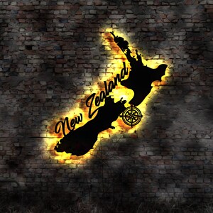 Skyline New Zealand LED Wandbild Holz Stadt AK Karte Map Wandsticker Leuchtbild Neonreklame Wandtattoo Reiseführer Silhouette Ozean