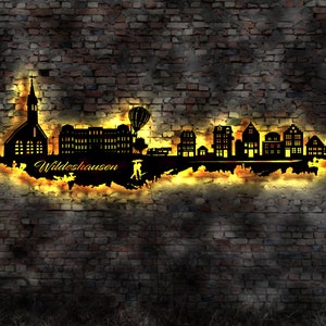 Skyline Wildeshausen LED Wandbild Holz Stadt AK Karte Map Stadtplan Wandsticker Leuchtbild Neonreklame Wandtattoo Reiseführer Silhouette