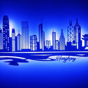 Skyline Hongkong China  LED Wandbild Holz Stadt AK Karte Map Stadtplan Wandsticker Leuchtbild Neonreklame Wandtattoo Reiseführer Silhouette