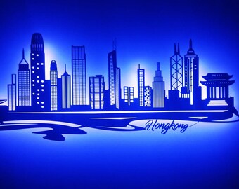 Skyline Hong Kong China LED Wall Mural Wood City AK Map Map City Map Wall Sticker Illuminated Image Neon Advertising Wall Decal Travel Guide Silhouette