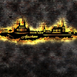 Skyline Aachen LED Wandbild aus Holz Stadt AK Karte Map Stadtplan Wandsticker Leuchtbild Neonreklame Wandtattoo Reiseführer Silhouette