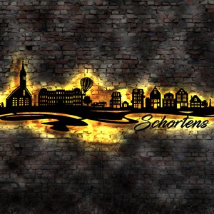 Skyline Schortens LED Wandbild Holz Stadt AK Karte Map Stadtplan Wandsticker Leuchtbild Neonreklame Wandtattoo Reiseführer Silhouette