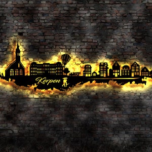 Skyline Kerpen  LED Wandbild Holz Stadt AK Karte Map Stadtplan Wandsticker Leuchtbild Neonreklame Wandtattoo Reiseführer Silhouette