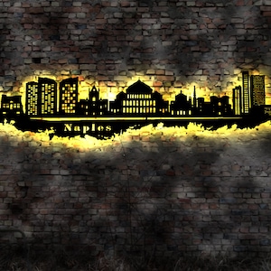 Skyline Naples Neapel Italien LED Wandbild Holz Stadt AK Karte Map Stadtplan Wandsticker Leuchtbild Neonreklame Wandtattoo Silhouette