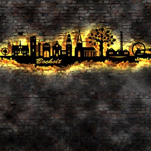 Skyline Bocholt LED Wandbild Holz Stadt AK Karte Map Stadtplan Wandsticker Leuchtbild Neonreklame Wandtattoo Reiseführer Silhouette