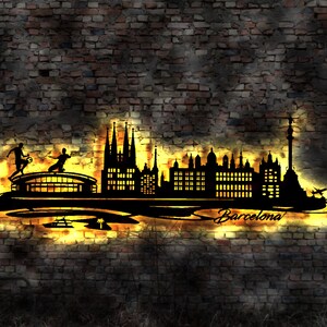 Skyline Barcelona LED Wandbild Holz Stadt AK Karte Map Stadtplan Wandsticker Leuchtbild Neonreklame Wandtattoo Reiseführer Silhouette