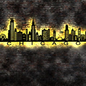 Skyline Chicago LED Wandbild   Holz Stadt AK Karte Map Stadtplan Wandsticker Leuchtbild Neonreklame Wandtattoo Reiseführer Silhouette