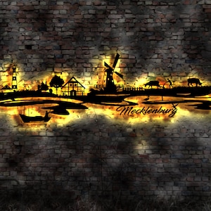 Skyline Mecklenburg Vorpommern MV Holz Stadt AK Karte Map Stadtplan Wandsticker Leuchtbild Neonreklame Wandtattoo Reiseführer Silhouette