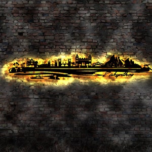 Skyline Zakynthos LED Wandbild Holz Stadt AK Karte Map Stadtplan Wandsticker Leuchtbild Neonreklame Wandtattoo Reiseführer Silhouette