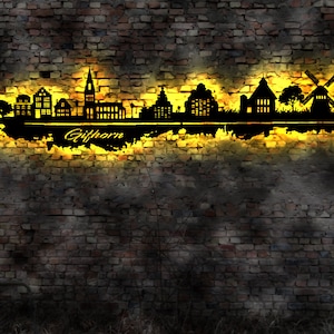 LED Skyline Gifhorn  Wandbild Holz Stadt  Karte Map Stadtplan Marktplatz Rathaus Windmühle Wandtattoo Reiseführer Silhouette