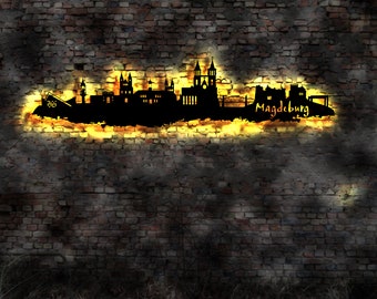 Magdeburg Skyline LED Wall Mural, Wood City Map, City Map, Wall Sticker, Illuminated Picture, Neon Sign, Wall Decal, Travel Guide, Silhouette