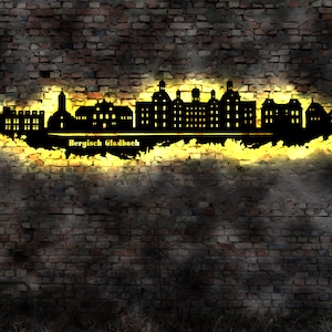 Skyline Bergisch Gladbach  LED Wandbild Holz Stadt AK Karte Map Stadtplan Wandsticker Leuchtbild Neonreklame Wandtattoo  Silhouette