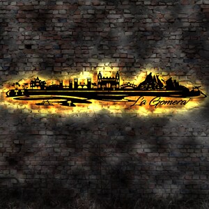 Skyline Insel La Gomera LED Wandbild Holz Stadt AK Karte Map Wandsticker Leuchtbild Neonreklame Wandtattoo Reiseführer Silhouette