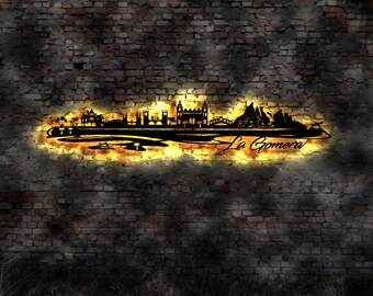Skyline Island of La Gomera LED mural madera ciudad AK mapa etiqueta de la pared imagen de luz letrero de neón tatuaje de pared guía de viaje silueta