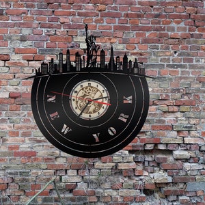 Wanduhr Uhr Holzuhr Uhren Ziffernblatt Skyline New York USA   Stadt  Karte Map Wandsticker  Wandtattoo Reiseführer