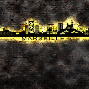 Skyline Marseille France Frankreich LED Wandbild Holz Stadt AK Karte Map Stadtplan Wandsticker Leuchtbild Neonreklame Wandtattoo