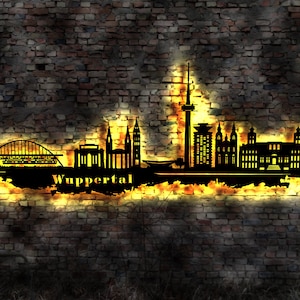 Skyline Wuppertal LED Wandbild Holz Stadt AK Karte Map Stadtplan Wandsticker Leuchtbild Neonreklame Wandtattoo Reiseführer Silhouette