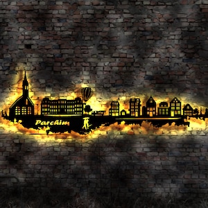 Skyline Parchim MV LED Wandbild   Holz Stadt AK Karte Map Stadtplan Wandsticker Leuchtbild Neonreklame Wandtattoo Reiseführer Silhouette