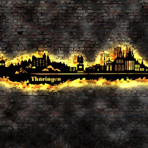 Skyline Bundesland Thüringen LED Wandbild Holz Stadt AK Karte Stadtplan Wandsticker Leuchtbild Dresden  Wandtattoo Reiseführer Silhouette