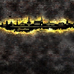 Skyline Bautzen  LED Wandbild Holz Stadt AK Karte Map Stadtplan Wandsticker Leuchtbild Neonreklame Wandtattoo Reiseführer Silhouette