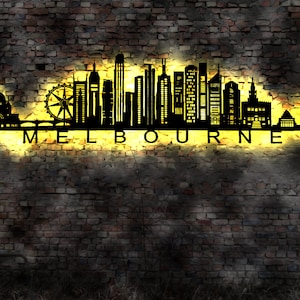 Skyline Melbourne Stadt LED Wandbild Holz Stadt AK Karte Map Stadtplan Wandsticker Leuchtbild Neonreklame Wandtattoo Australien