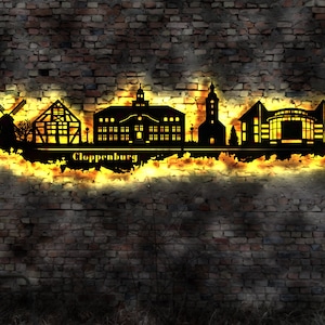 Skyline Cloppenburg Stadt   Wandbild Holz Stadt AK Karte Map Stadtplan Wandsticker Leuchtbild Neonreklame Wandtattoo Aufkleber Silhouette