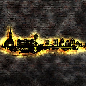 Skyline Lünen  LED Wandbild Holz Stadt AK Karte Map Stadtplan Wandsticker Leuchtbild Neonreklame Wandtattoo Reiseführer Silhouette
