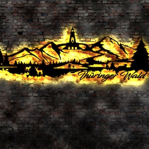 Skyline Thüringer Wald Wandbild   Holz Stadt AK Karte Map Stadtplan Wandsticker Thüringen  Neonreklame Wandtattoo Reiseführer Silhouette