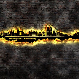 Skyline Lutherstadt Wittenberg  LED Wandbild Holz Stadt AK Karte Map Stadtplan Wandsticker Leuchtbild Wandtattoo Reiseführer Silhouette
