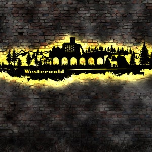 LED Skyline Westerwald Wandbild Holz Stadt AK Karte  Leuchtbild Schild Bild  Wandtattoo Reiseführer Silhouette
