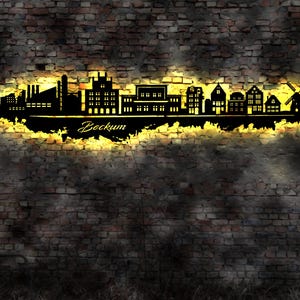 Skyline Beckum  Nordrhein-Westfalen   LED Wandbild Holz Stadt AK Karte Map Stadtplan Wandsticker Leuchtbild Neonreklame Silhouette